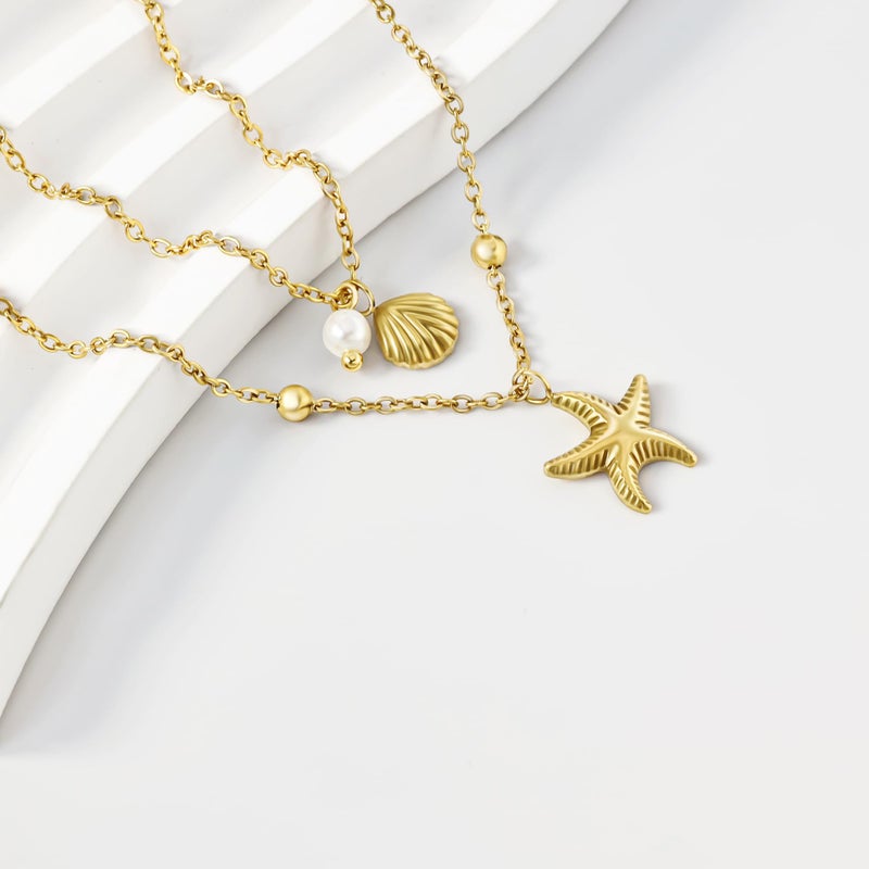DAILI Seashell Layered Charm Necklace for Women,14k Gold Plated Starfish Pendant Non Tarnish Necklace,Adjustable Stainless Steel Stack Choker Chain Jewelry for Summer Beach Vacation - Image 5