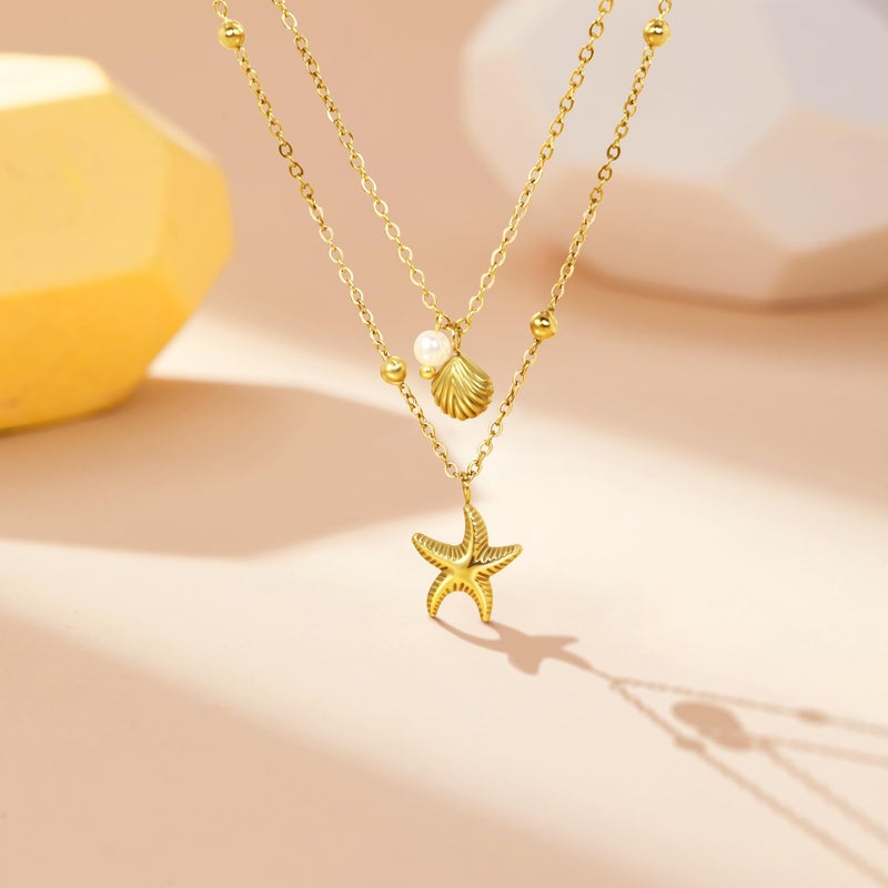 DAILI Seashell Layered Charm Necklace for Women,14k Gold Plated Starfish Pendant Non Tarnish Necklace,Adjustable Stainless Steel Stack Choker Chain Jewelry for Summer Beach Vacation - Image 3