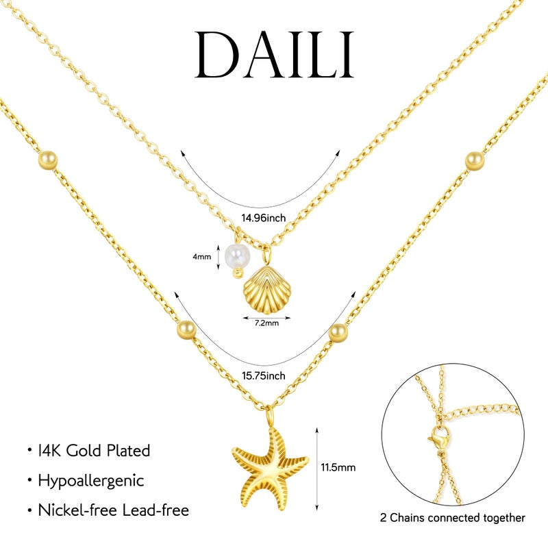 DAILI Seashell Layered Charm Necklace for Women,14k Gold Plated Starfish Pendant Non Tarnish Necklace,Adjustable Stainless Steel Stack Choker Chain Jewelry for Summer Beach Vacation - Image 2
