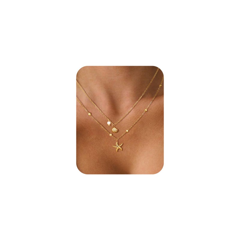 DAILI Seashell Layered Charm Necklace for Women,14k Gold Plated Starfish Pendant Non Tarnish Necklace,Adjustable Stainless Steel Stack Choker Chain Jewelry for Summer Beach Vacation - Image 1