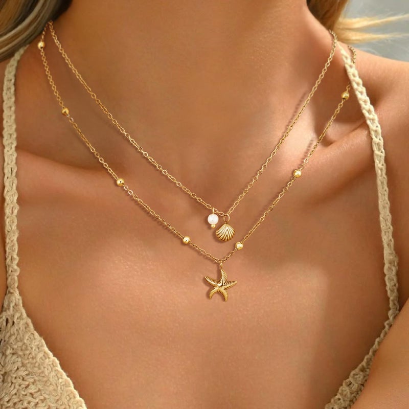 DAILI Seashell Layered Charm Necklace for Women,14k Gold Plated Starfish Pendant Non Tarnish Necklace,Adjustable Stainless Steel Stack Choker Chain Jewelry for Summer Beach Vacation - Image 4