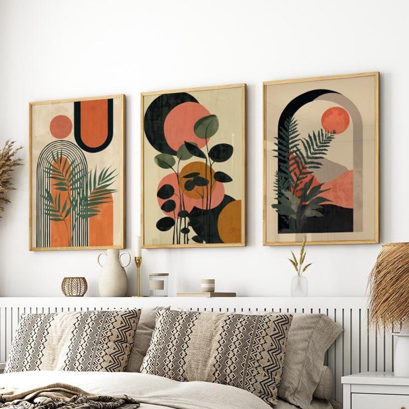TNESSENTIAL Dark Green Tropical Botanical Boho Abstract 3 Piece Set Wall Art Poster or Canvas Print, Geometric Shapes Minimalist Mid Century Modern Art - Image 1