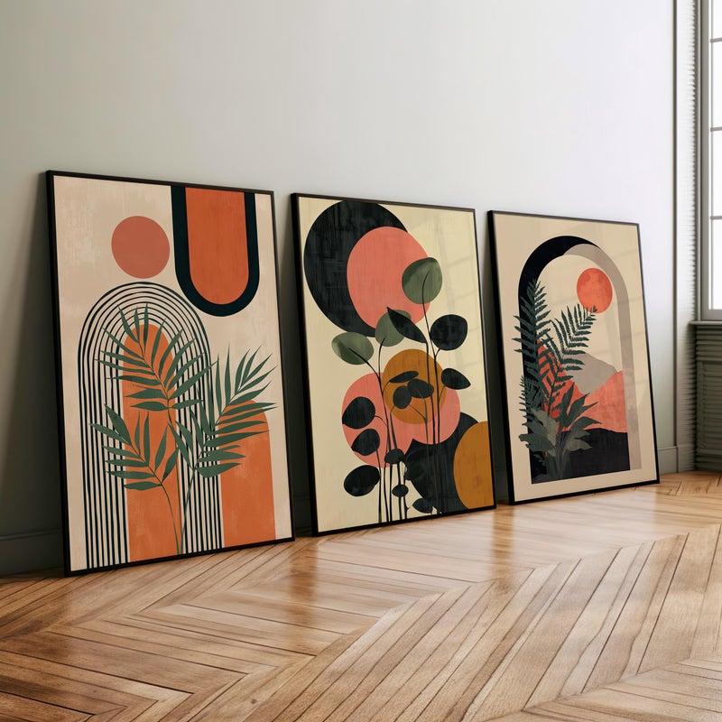 TNESSENTIAL Dark Green Tropical Botanical Boho Abstract 3 Piece Set Wall Art Poster or Canvas Print, Geometric Shapes Minimalist Mid Century Modern Art - Image 4