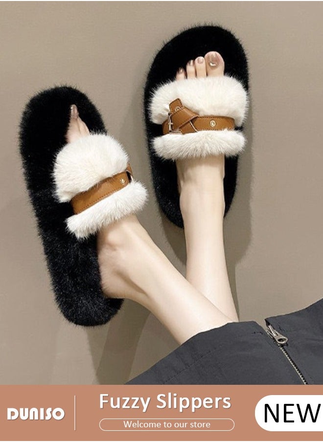 DUNISO Women's Fluffy Slippers, Fashion Warm Shoes Woman Slippers with Faux Fur, Comfortable Home Furry Slippers, Lightweight Non Slip House Slippers For Cozy Indoor Outdoor  - Image 1