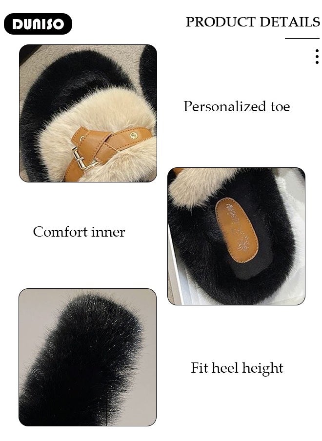 DUNISO Women's Fluffy Slippers, Fashion Warm Shoes Woman Slippers with Faux Fur, Comfortable Home Furry Slippers, Lightweight Non Slip House Slippers For Cozy Indoor Outdoor  - Image 2
