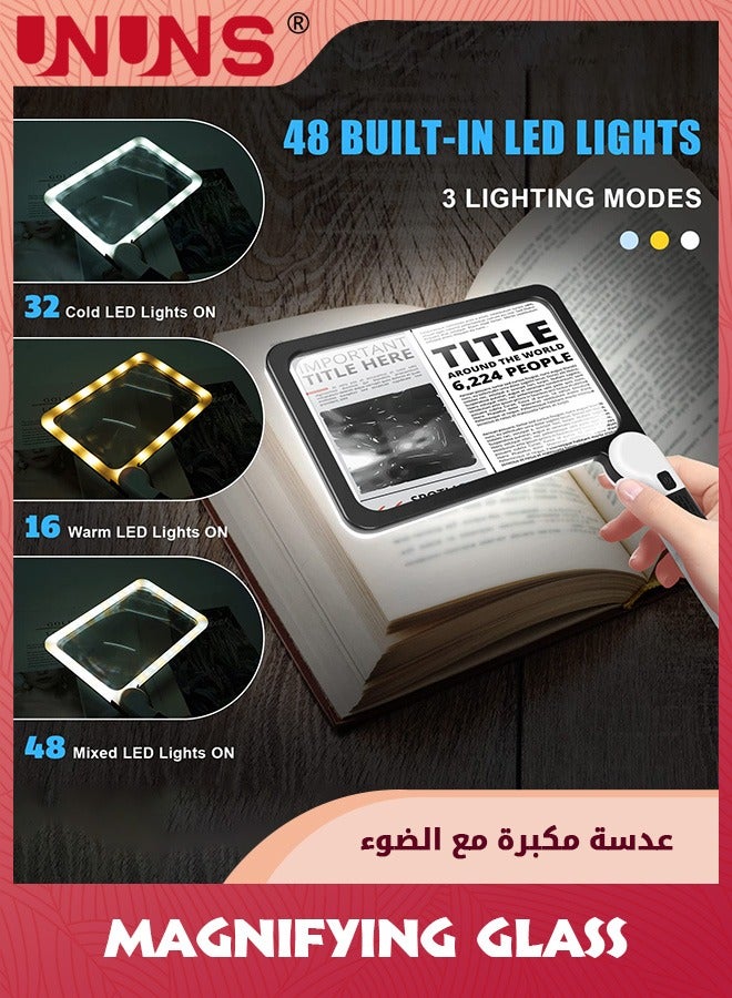 UNUNS عدسة مكبرة للقراءة، عدسة مكبرة قابلة للطي 5 مرات مع 48 مصباح LED، عدسة مكبرة مستطيلة 3 أوضاع، هدايا لكبار السن الذين يقرؤون الكتب - Image 3