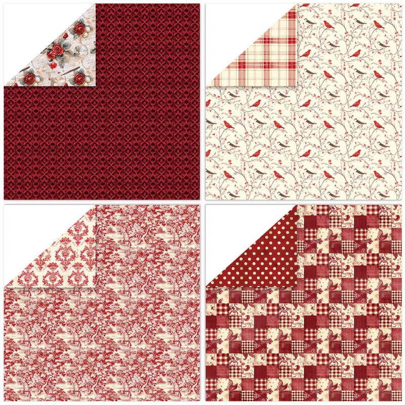 WLXTREE 24 Sheets Vintage Red Floral Scrapbook Textured Double-Sided Paper Pad 12"Ã—12",160gsm Pattern Designer Planner Junk Journal Craft Paper Card Making Supplies - Image 4