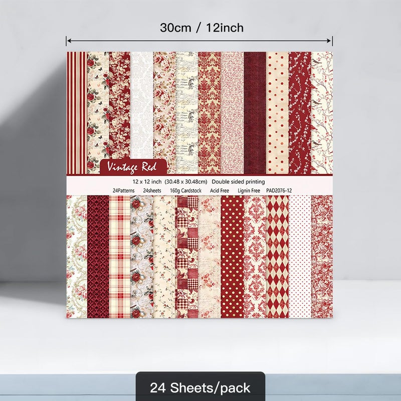 WLXTREE 24 Sheets Vintage Red Floral Scrapbook Textured Double-Sided Paper Pad 12"Ã—12",160gsm Pattern Designer Planner Junk Journal Craft Paper Card Making Supplies - Image 2