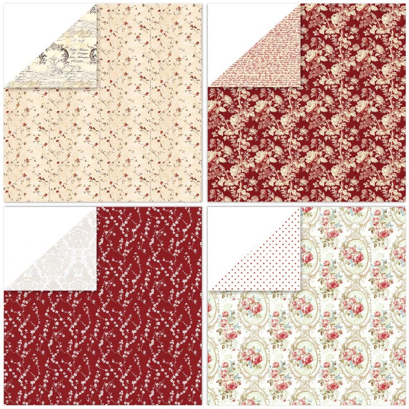 WLXTREE 24 Sheets Vintage Red Floral Scrapbook Textured Double-Sided Paper Pad 12"Ã—12",160gsm Pattern Designer Planner Junk Journal Craft Paper Card Making Supplies - Image 3