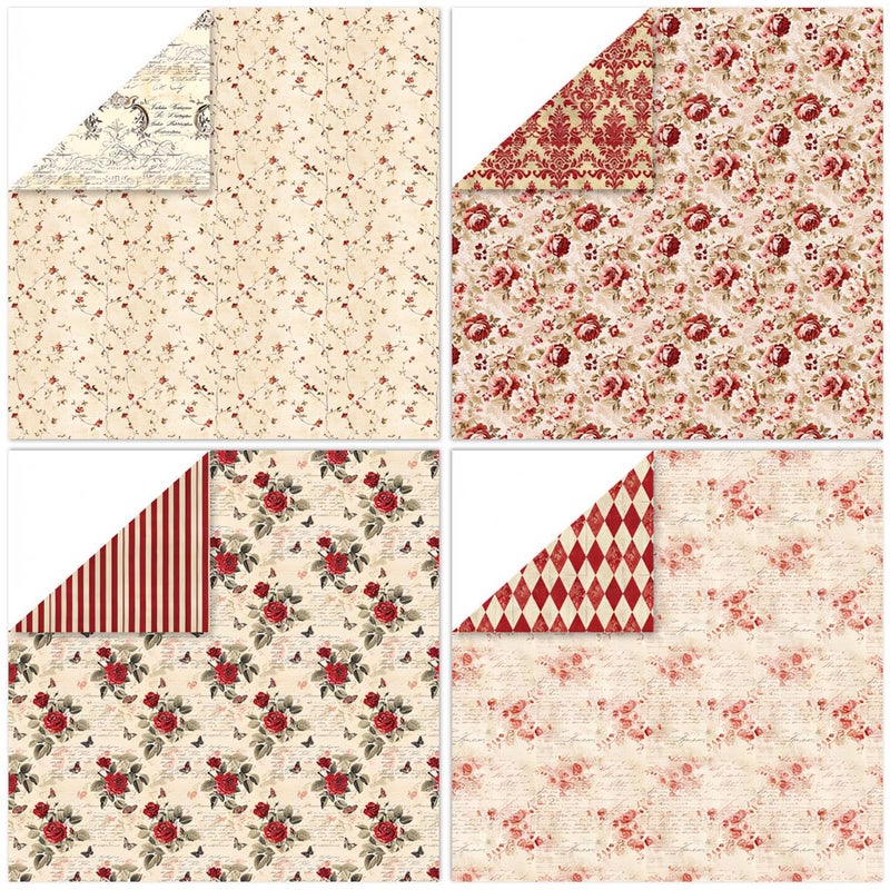 WLXTREE 24 Sheets Vintage Red Floral Scrapbook Textured Double-Sided Paper Pad 12"Ã—12",160gsm Pattern Designer Planner Junk Journal Craft Paper Card Making Supplies - Image 5