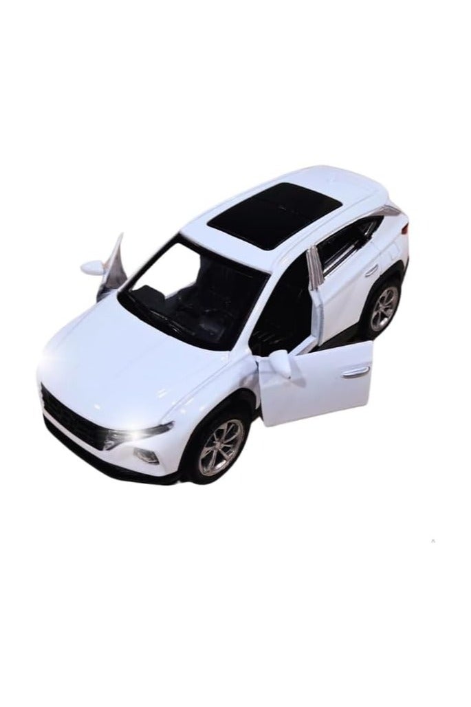 Hyundaii Tucson SUV Die cast 1:36 Scale Model With Lights and Sound – Alloy Children’s Sports Model Car Die-Cast Metal Toy Car – Front Doors Open– White - Image 1