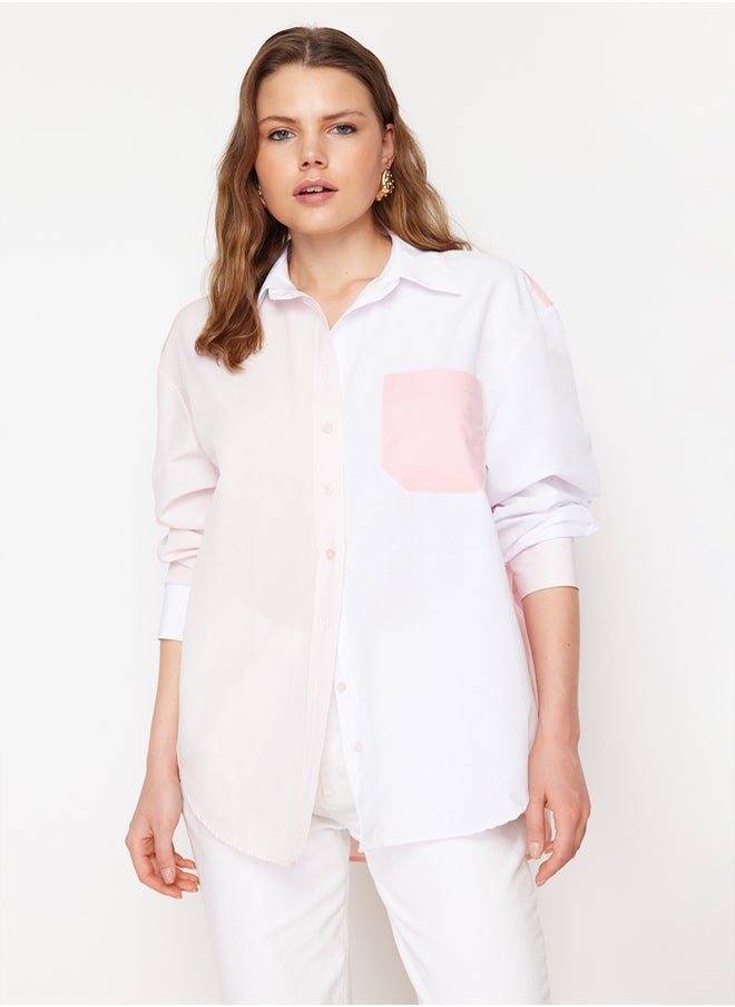 trendyol Pink Color Block Oversize Wide Fit Woven Shirt TWOSS24GO00136  - Image 2