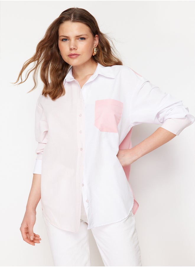 trendyol Pink Color Block Oversize Wide Fit Woven Shirt TWOSS24GO00136  - Image 3