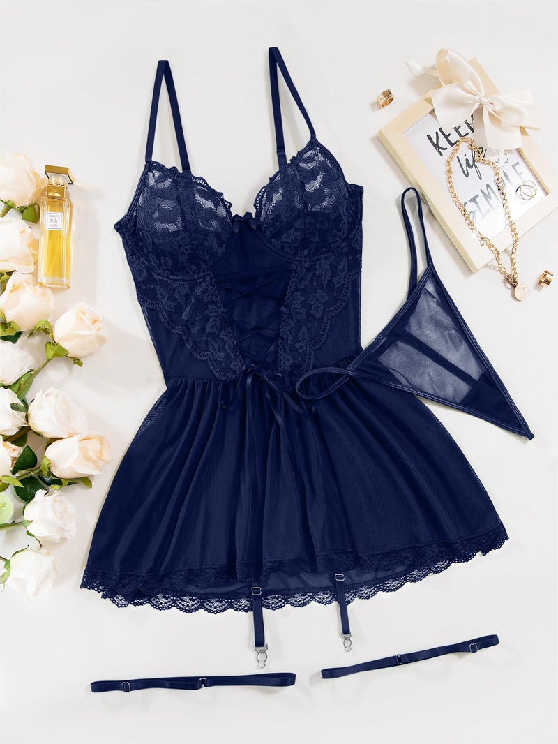 Lilosy Sexy Garter Belt Mesh Lace Babydoll Lingerie Dress Set with Thong Women Floral NightDress Nightwear Cute Underwire Push Up Corset Outfit Sheer Slip Navy Blue Medium - Image 5