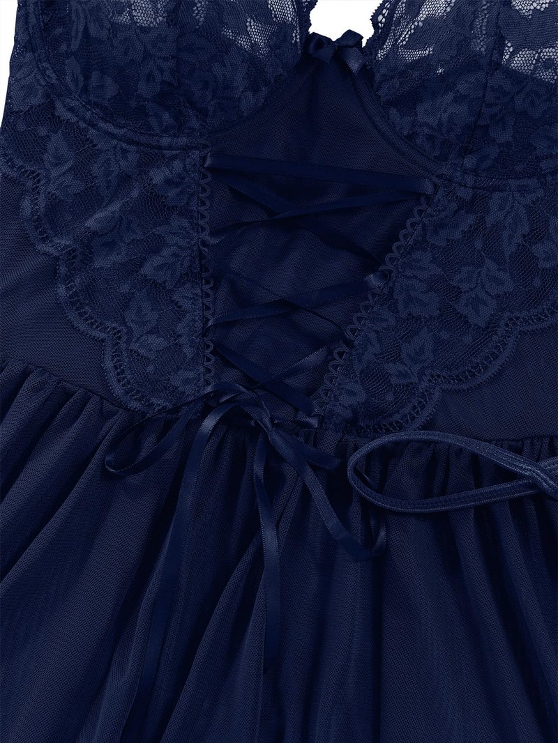Lilosy Sexy Garter Belt Mesh Lace Babydoll Lingerie Dress Set with Thong Women Floral NightDress Nightwear Cute Underwire Push Up Corset Outfit Sheer Slip Navy Blue Medium - Image 4