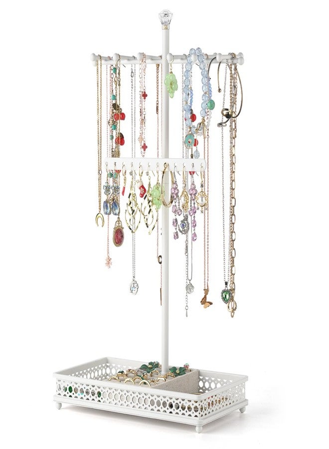 Meangood Jewelry Tree Stand Organizer 3in1 Necklace Organizer Display Bracelet Earrings and Ring Tray Jewelry Holder Hanger Metal（White） - Image 1