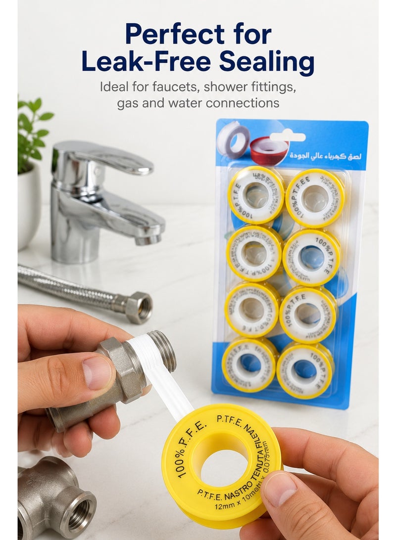 PTFE Thread Seal Tape 8 Rolls – 12mm x 10m Plumbing Tape for Pipe Threads, Faucet Fittings, Shower Hose, Water Connections & Leak-Free Sealing - Image 5