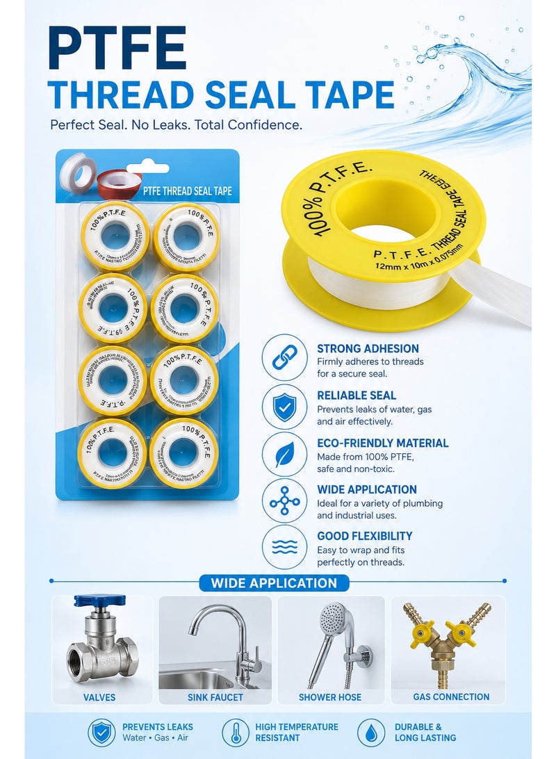 PTFE Thread Seal Tape 8 Rolls – 12mm x 10m Plumbing Tape for Pipe Threads, Faucet Fittings, Shower Hose, Water Connections & Leak-Free Sealing - Image 3