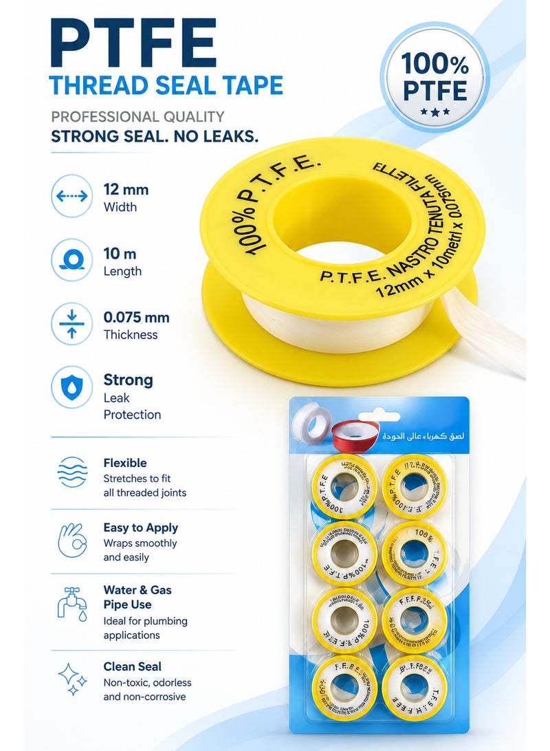 PTFE Thread Seal Tape 8 Rolls – 12mm x 10m Plumbing Tape for Pipe Threads, Faucet Fittings, Shower Hose, Water Connections & Leak-Free Sealing - Image 4