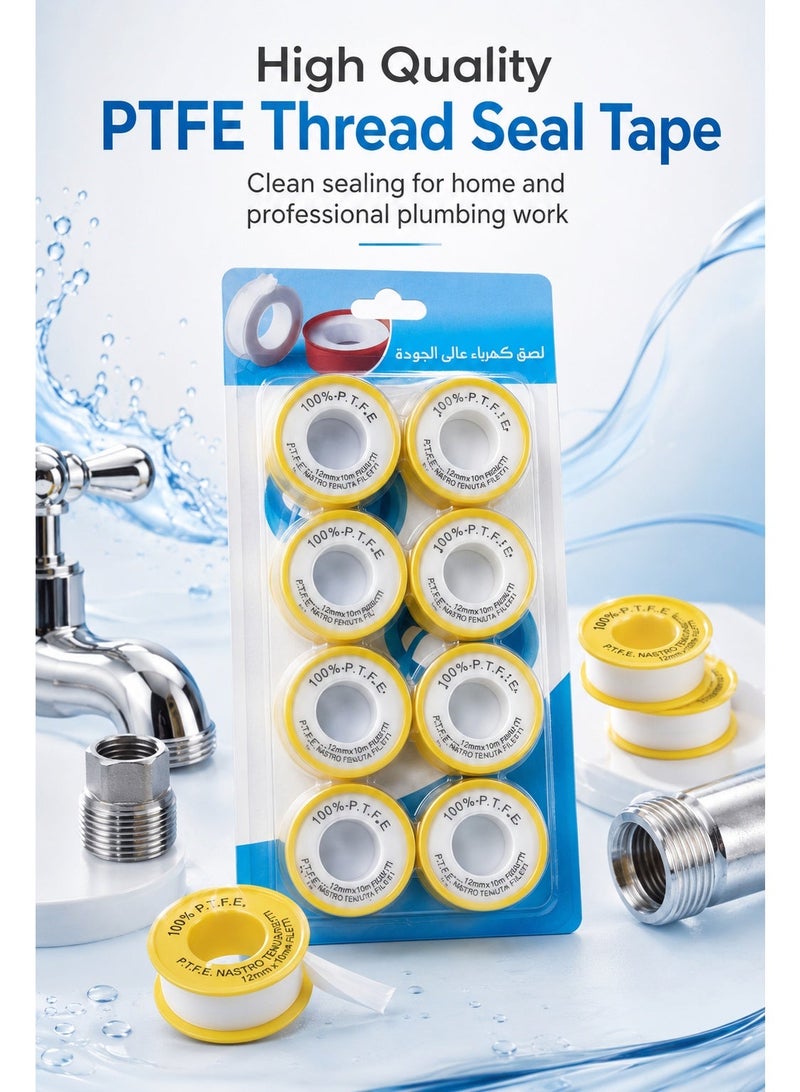 PTFE Thread Seal Tape 8 Rolls – 12mm x 10m Plumbing Tape for Pipe Threads, Faucet Fittings, Shower Hose, Water Connections & Leak-Free Sealing - Image 2