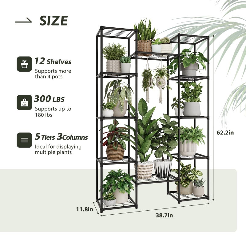 GENTINGBRO Metal Plant Stand Outdoor 62.2" Tall Plant Shelf for Plants 12 Pots Large Plant Sheves for Indoor Plants Living Room Heavy Duty Rack Garden Balcony Patio Hanging Planter - Image 3