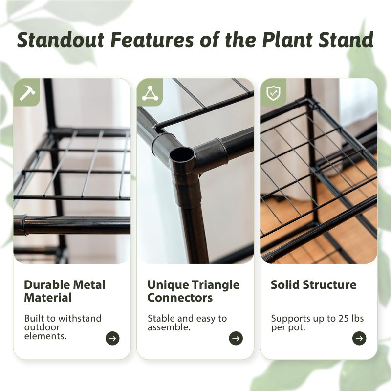 GENTINGBRO Metal Plant Stand Outdoor 62.2" Tall Plant Shelf for Plants 12 Pots Large Plant Sheves for Indoor Plants Living Room Heavy Duty Rack Garden Balcony Patio Hanging Planter - Image 2