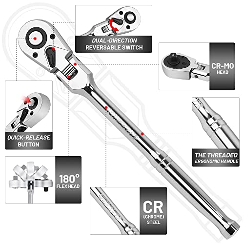 UYECOVE 1/2 3/8 1/4 Inch Drive Ratchet Set, 4Pcs Flex Head Ratchet Set, 72 Tooth Quick Release Flexible Swivel Head Socket Ratchet Wrench Set - Image 2