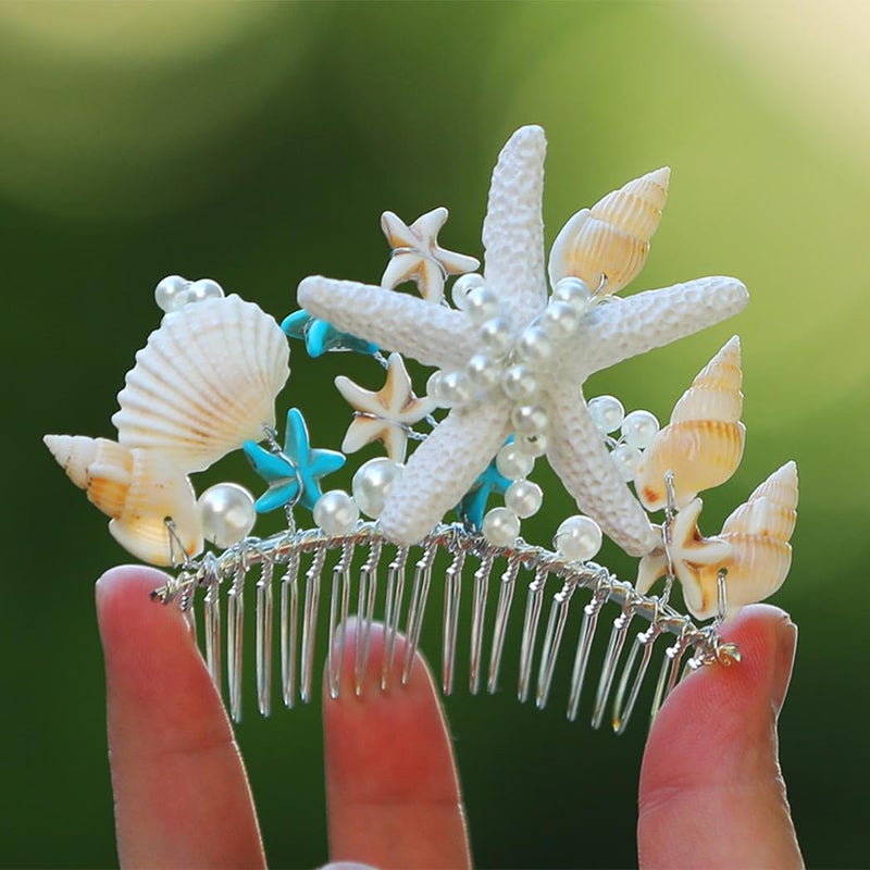 Brishow Starfish Tiara Comb Silver Seashell Crown Combs Pearl Sand Beach Hair Accessories for Girls