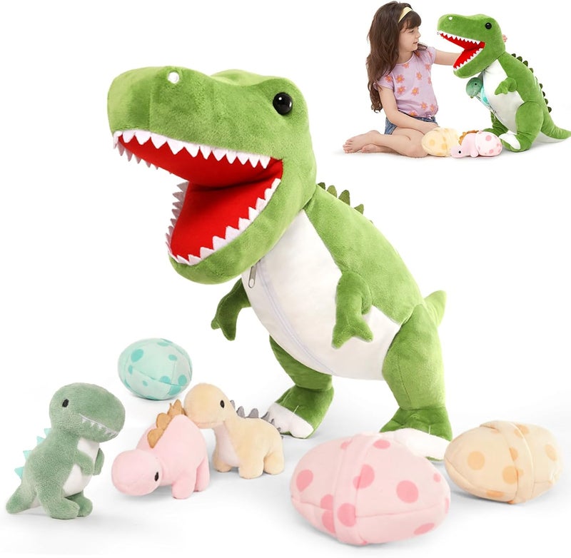 MorisMos Dinosaur Stuffed Animal with Babies,23.6'' Big T-Rex Mommy Stuffed Dinosaur with 3 Baby Dinosaur Plush Toys, 3 Dinos Eggs,Boy Girl Dinosaur Toys for Kid Birthday Christmas,Green T-rex Toys - Image 1