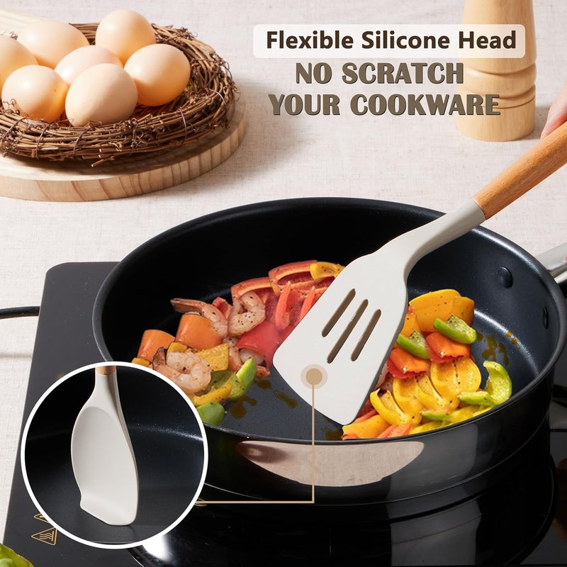 E-far Silicone Cooking Utensils Set, 5-Piece Kitchen Utensils Set with Wooden Handle for Cooking, Silicone Kitchen Nonstick Tools Spatula Turner Slotted Spoons, Nontoxic & Heat Resistant-Khaki - Image 4