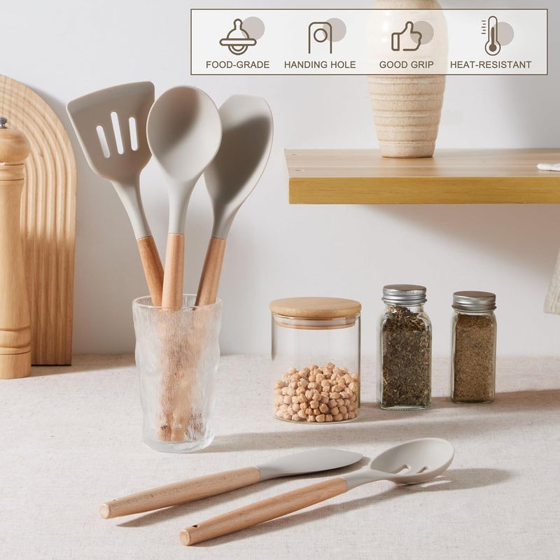 E-far Silicone Cooking Utensils Set, 5-Piece Kitchen Utensils Set with Wooden Handle for Cooking, Silicone Kitchen Nonstick Tools Spatula Turner Slotted Spoons, Nontoxic & Heat Resistant-Khaki - Image 5