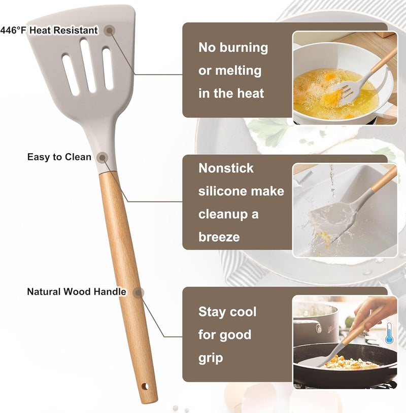 E-far Silicone Cooking Utensils Set, 5-Piece Kitchen Utensils Set with Wooden Handle for Cooking, Silicone Kitchen Nonstick Tools Spatula Turner Slotted Spoons, Nontoxic & Heat Resistant-Khaki - Image 3