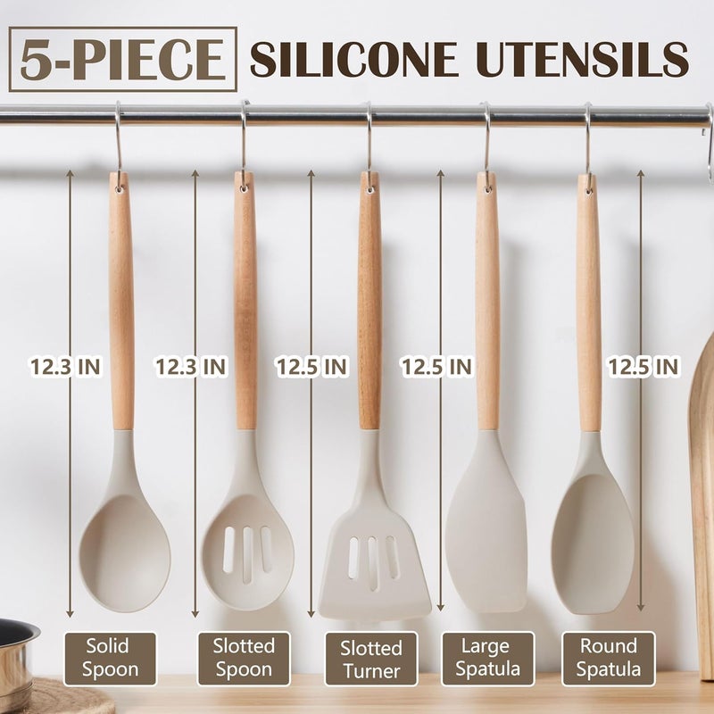 E-far Silicone Cooking Utensils Set, 5-Piece Kitchen Utensils Set with Wooden Handle for Cooking, Silicone Kitchen Nonstick Tools Spatula Turner Slotted Spoons, Nontoxic & Heat Resistant-Khaki - Image 2