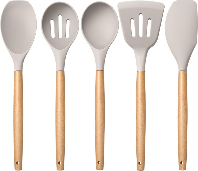 E-far Silicone Cooking Utensils Set, 5-Piece Kitchen Utensils Set with Wooden Handle for Cooking, Silicone Kitchen Nonstick Tools Spatula Turner Slotted Spoons, Nontoxic & Heat Resistant-Khaki - Image 1