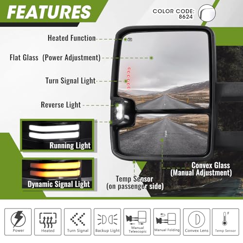 SIZIOM Towing Mirrors 2014-2018 Chevy Silverado GMC Sierra Switchback Turn Signal Running Light Backup Light Heated Power Glass Tow Mirrors Set (Painted White) - Image 2