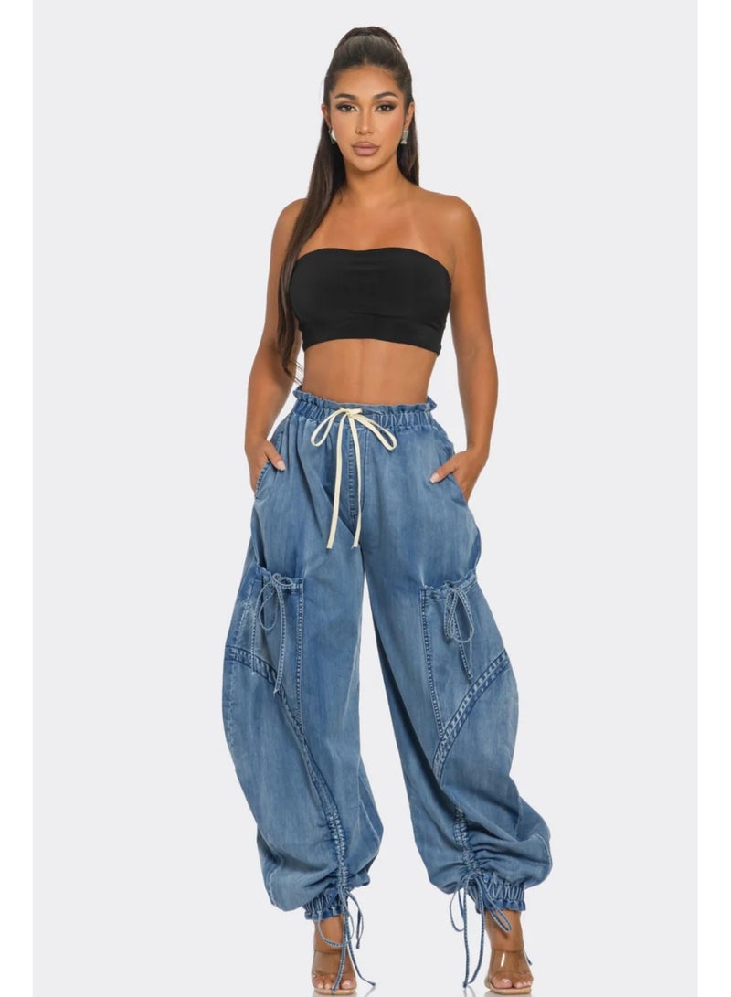 SCACTO Rope Adjustable Elastic Waist Drawstring Lace-up Ankle-tied Bow Loose Jeans 
