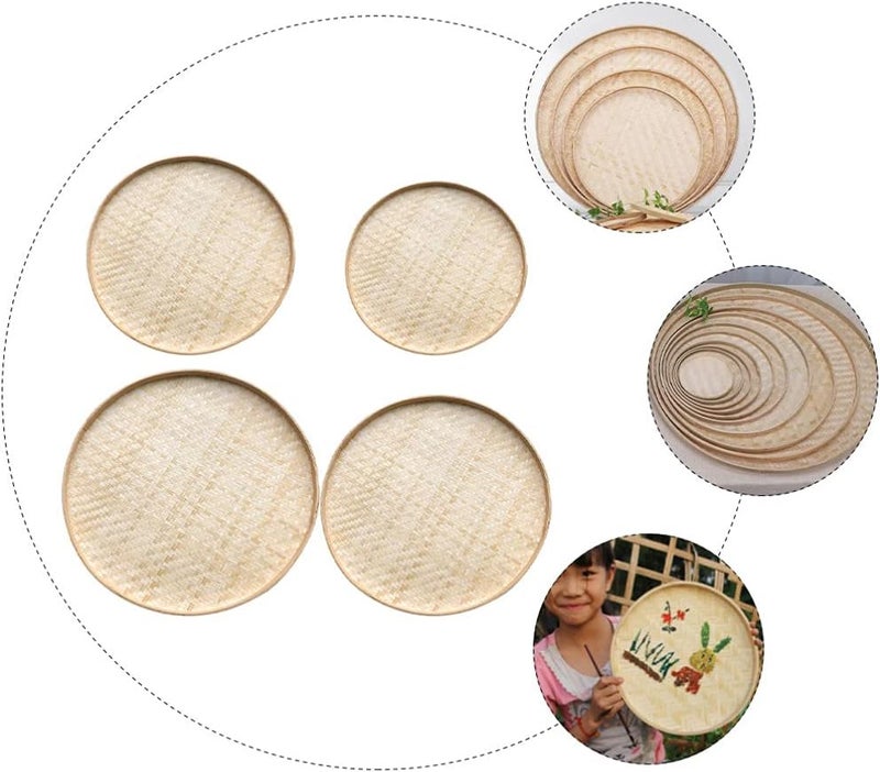 Healifty 4 قطع سلة فواكه مستديرة مسطحة من الخوص مصنوعة يدويًا لتخزين الطعام، صينية ضحلة منظمة، وعاء خضار وفواكه، لوحة رسم DIY، سلة حائط للديكور لمركز طاولة المطبخ - Image 5