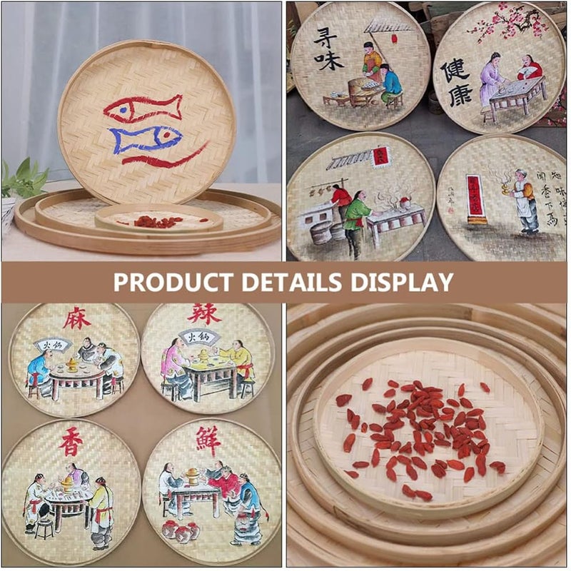 Healifty 4 قطع سلة فواكه مستديرة مسطحة من الخوص مصنوعة يدويًا لتخزين الطعام، صينية ضحلة منظمة، وعاء خضار وفواكه، لوحة رسم DIY، سلة حائط للديكور لمركز طاولة المطبخ - Image 2