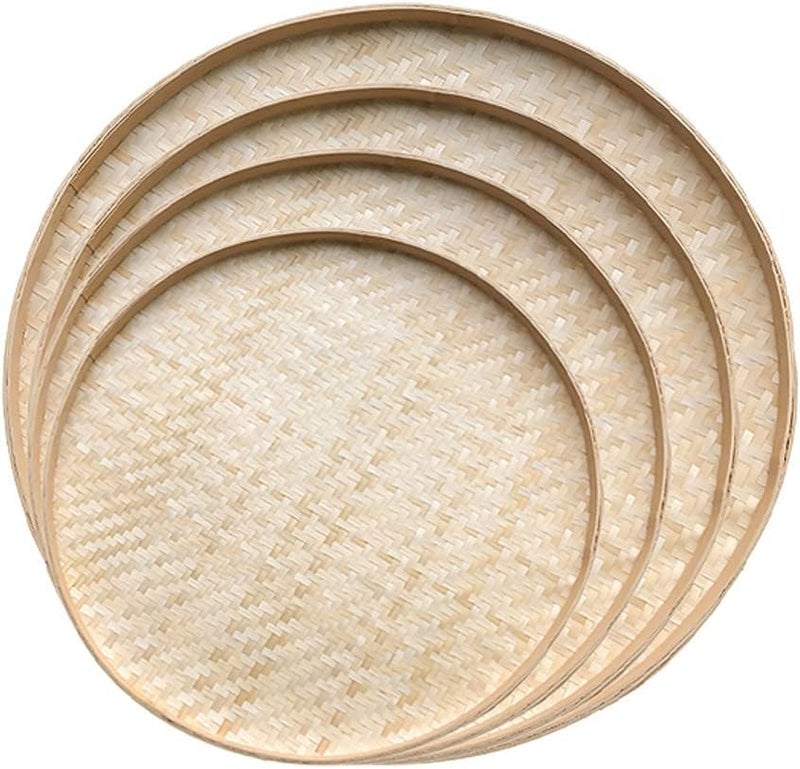 Healifty 4 قطع سلة فواكه مستديرة مسطحة من الخوص مصنوعة يدويًا لتخزين الطعام، صينية ضحلة منظمة، وعاء خضار وفواكه، لوحة رسم DIY، سلة حائط للديكور لمركز طاولة المطبخ - Image 1