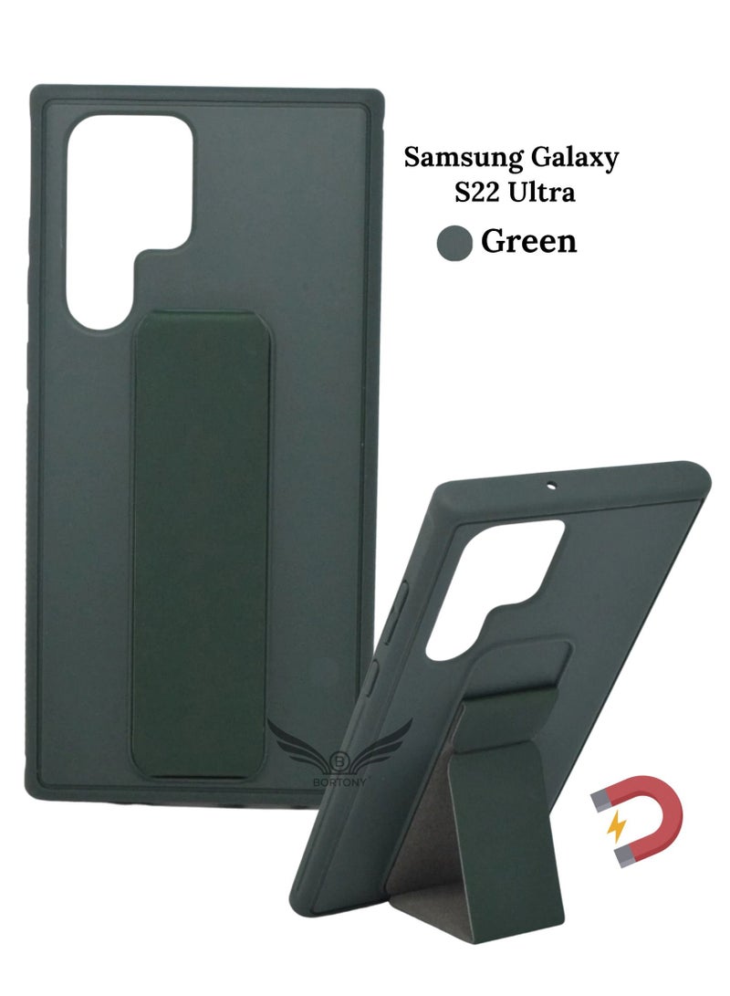 BORTONY Magnetic Stand & Holder, Premium Silicone Hand Strap Grip, Car Mount Kickstand And Finger Grip Case Cover For Samsung Galaxy S22 Ultra (Green) - Image 1