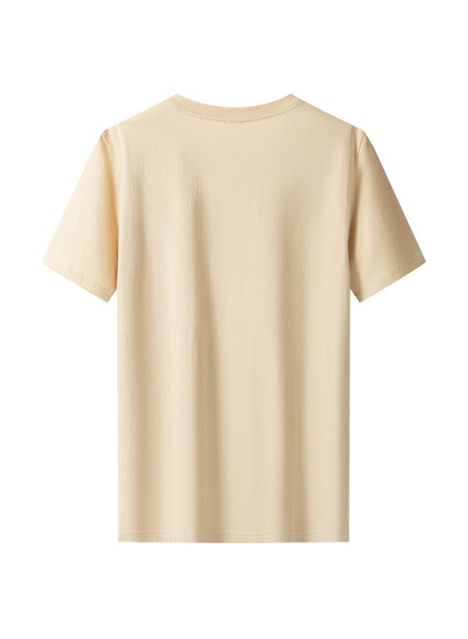 Limeng Men's And Women's Solid Color 180g Cotton Short Sleeve T-shirt Loose Round Neck T-shirt Base Shirt Khaki 3XL - Image 1