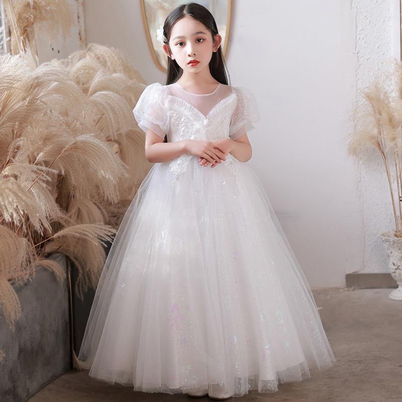 Childrens Long Wedding Dress Tulle Princess Gown White long short sleeve 