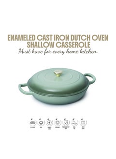 VAV Healthy and Safe, Non-Stick Cookware, Enameled Cast Iron Dutch Oven Shallow Casserole Braiser Pan, 30.5x6.3cm / 12x2.5Inch – Green  - Image 1