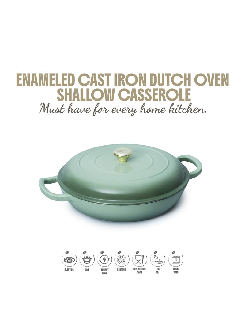 VAV Healthy and Safe, Non-Stick Cookware, Enameled Cast Iron Dutch Oven Shallow Casserole Braiser Pan, 30.5x6.3cm / 12x2.5Inch – Green  - Image 1