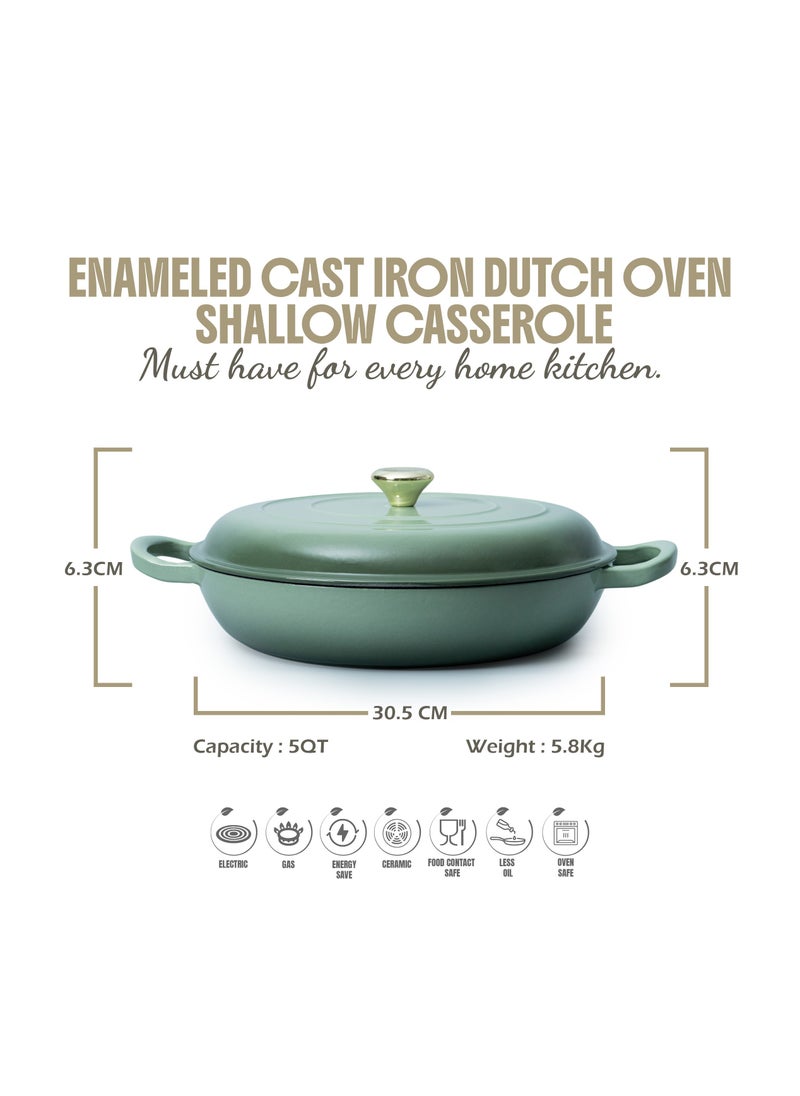 VAV Healthy and Safe, Non-Stick Cookware, Enameled Cast Iron Dutch Oven Shallow Casserole Braiser Pan, 30.5x6.3cm / 12x2.5Inch – Green  - Image 2