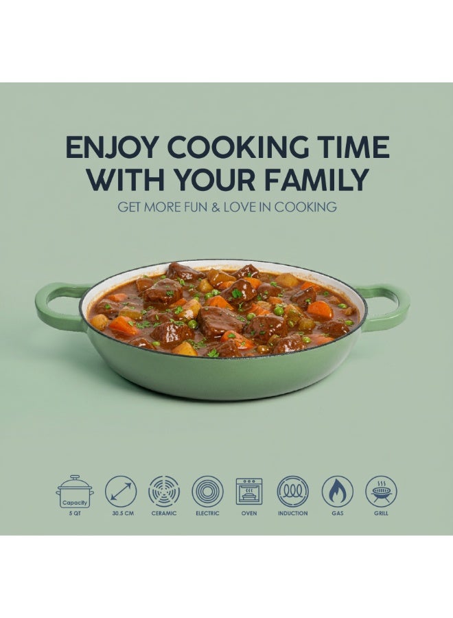 VAV Healthy and Safe, Non-Stick Cookware, Enameled Cast Iron Dutch Oven Shallow Casserole Braiser Pan, 30.5x6.3cm / 12x2.5Inch – Green - Image 4