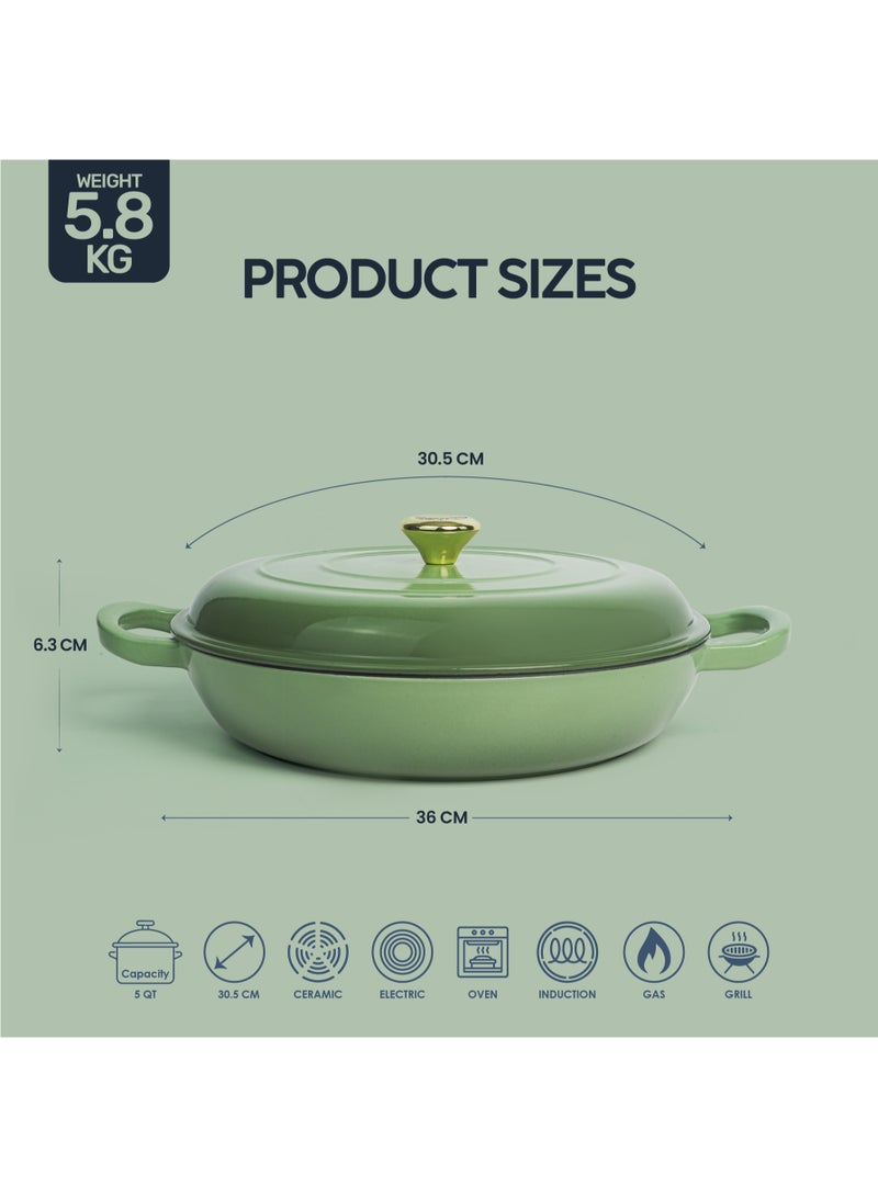 VAV Healthy and Safe, Non-Stick Cookware, Enameled Cast Iron Dutch Oven Shallow Casserole Braiser Pan, 30.5x6.3cm / 12x2.5Inch – Green - Image 2