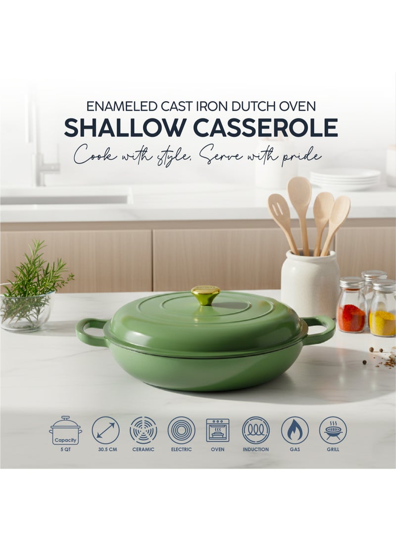 VAV Healthy and Safe, Non-Stick Cookware, Enameled Cast Iron Dutch Oven Shallow Casserole Braiser Pan, 30.5x6.3cm / 12x2.5Inch – Green - Image 3