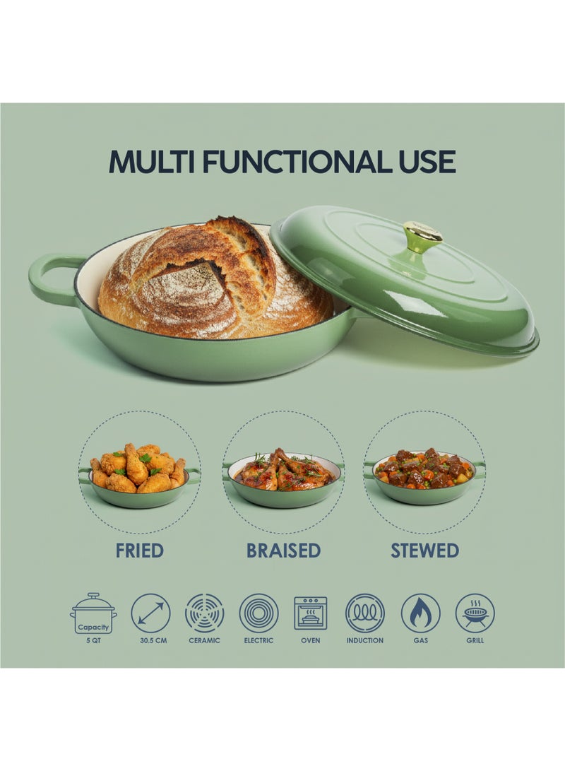 VAV Healthy and Safe, Non-Stick Cookware, Enameled Cast Iron Dutch Oven Shallow Casserole Braiser Pan, 30.5x6.3cm / 12x2.5Inch – Green - Image 5