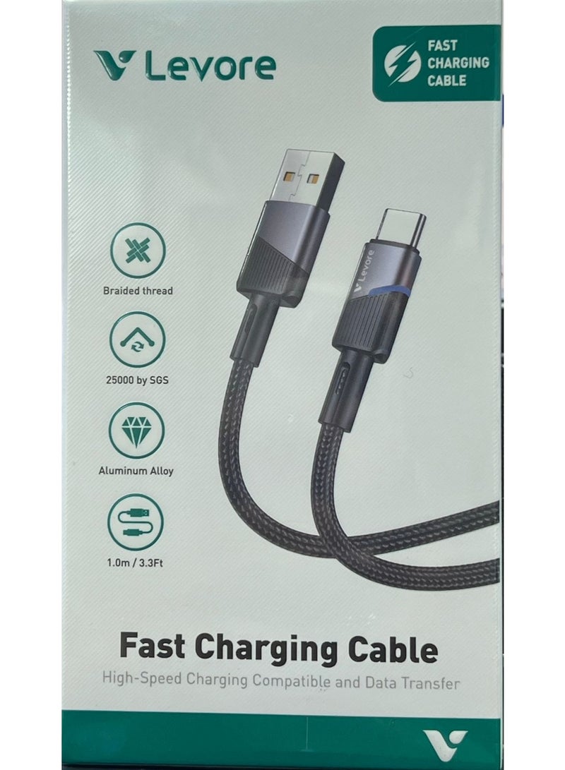 كابل USB A إلى Type C بطول 1.00 متر، أسود، شحن سريع 3 أمبير (كحد أقصى)